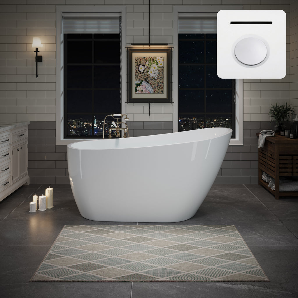 55" Acrylic Freestanding Bathtub, Deep Soaking Contemporary Stand Alone Bath Tub with Pop-up Drain & Integrated Overflow, Chrome-Finish Drain Cover, Glossy White GF-26A04-55