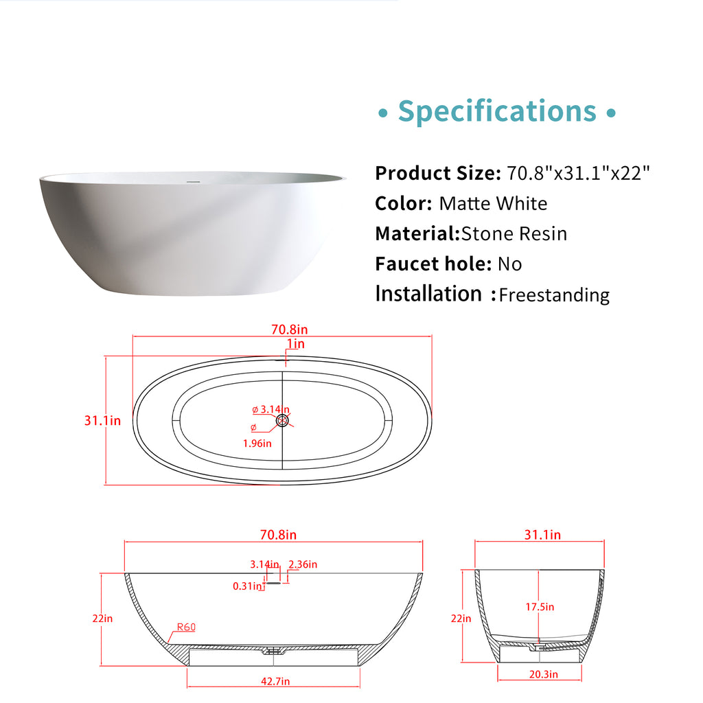70.8″Solid Surface Matte Tub, Solid Surface Soaking Tub, Stone Resin Freestanding Bathtub, Thick Edge Stand Alone Tubs with Overflow, Pop-up Drain, Matte White (Oval)
