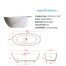 Load image into Gallery viewer, 70.8″Solid Surface Matte Tub, Solid Surface Soaking Tub, Stone Resin Freestanding Bathtub, Thick Edge Stand Alone Tubs with Overflow, Pop-up Drain, Matte White (Oval)