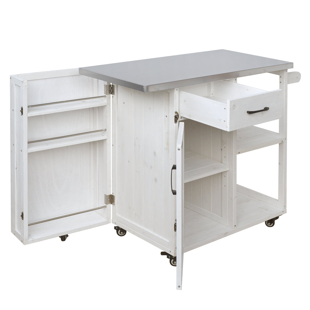 Outdoor Kitchen Island Fir Wood Prep Station Lockable Kitchen Cart with Stainless Top, Ample Storage Space, Towel and Spice Racks for Patio and Outdoor, White
