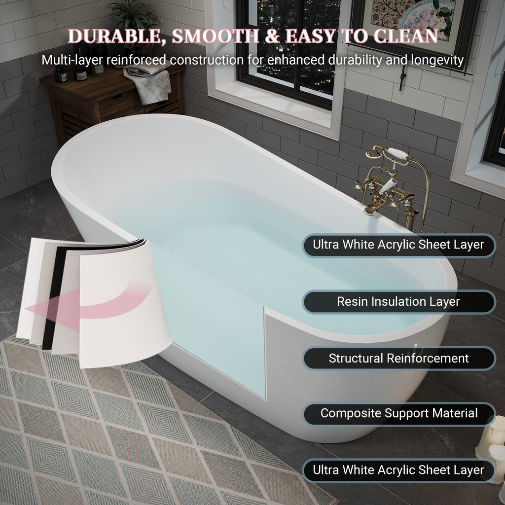 55" Acrylic Freestanding Bathtub, Deep Soaking Contemporary Stand Alone Bath Tub with Pop-up Drain & Integrated Overflow, Chrome-Finish Drain Cover, Glossy White GF-26A04-55