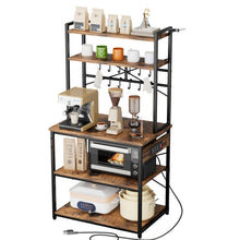 Load image into Gallery viewer, Kitchen Bakers Rack, 5 ft Power Cable Bakers Rack with Power Outlet, Kitchen Stand with X-Shaped Support Bar, 12 S-Shaped Hooks, Coffee Bar Stand for Dishes, Spice Bottles, Built-In Power Strip