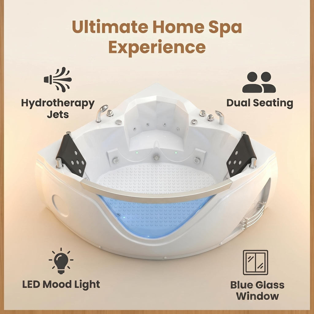 59" light luxury double corner whirlpool bathtub, 20 sets of multi-directional massage nozzles, chromotherapy healing atmosphere, brand-level certified accessories