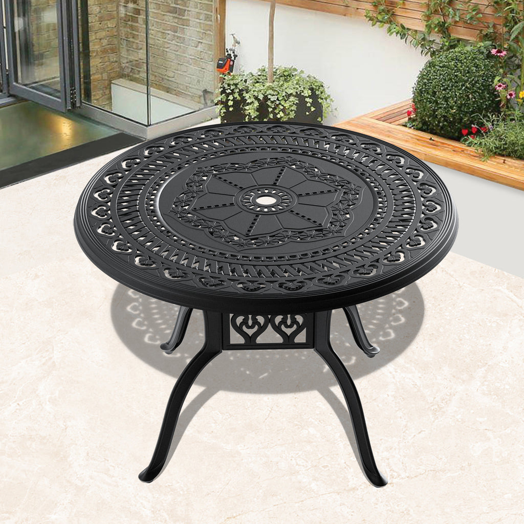 Ø39.37-inch Cast Aluminum Patio Dining Table With Black Frame and Umbrella Hole (same sku: W171084477)