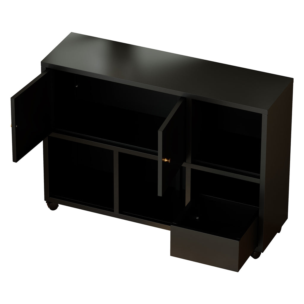 Rolling Toy Storage Cabinet on Wheels - Black Iron Playroom Organizer with Open Cubbies and Closed Cabinets, Sturdy Metal Storage Furniture for Bedroom & Home