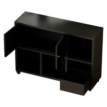 Load image into Gallery viewer, Rolling Toy Storage Cabinet on Wheels - Black Iron Playroom Organizer with Open Cubbies and Closed Cabinets, Sturdy Metal Storage Furniture for Bedroom &amp; Home