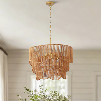 Handwoven Paper Rattan Boho Chandelier with 7-Light E26 Base, 60cm Adjustable Height Wave Pendant Light for Living Room, Sloped Ceiling Compatible, Sturdy Metal Hardware, Warm Glow for Dining Room