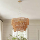 Handwoven Paper Rattan Boho Chandelier with 7-Light E26 Base, 60cm Adjustable Height Wave Pendant Light for Living Room, Sloped Ceiling Compatible, Sturdy Metal Hardware, Warm Glow for Dining Room