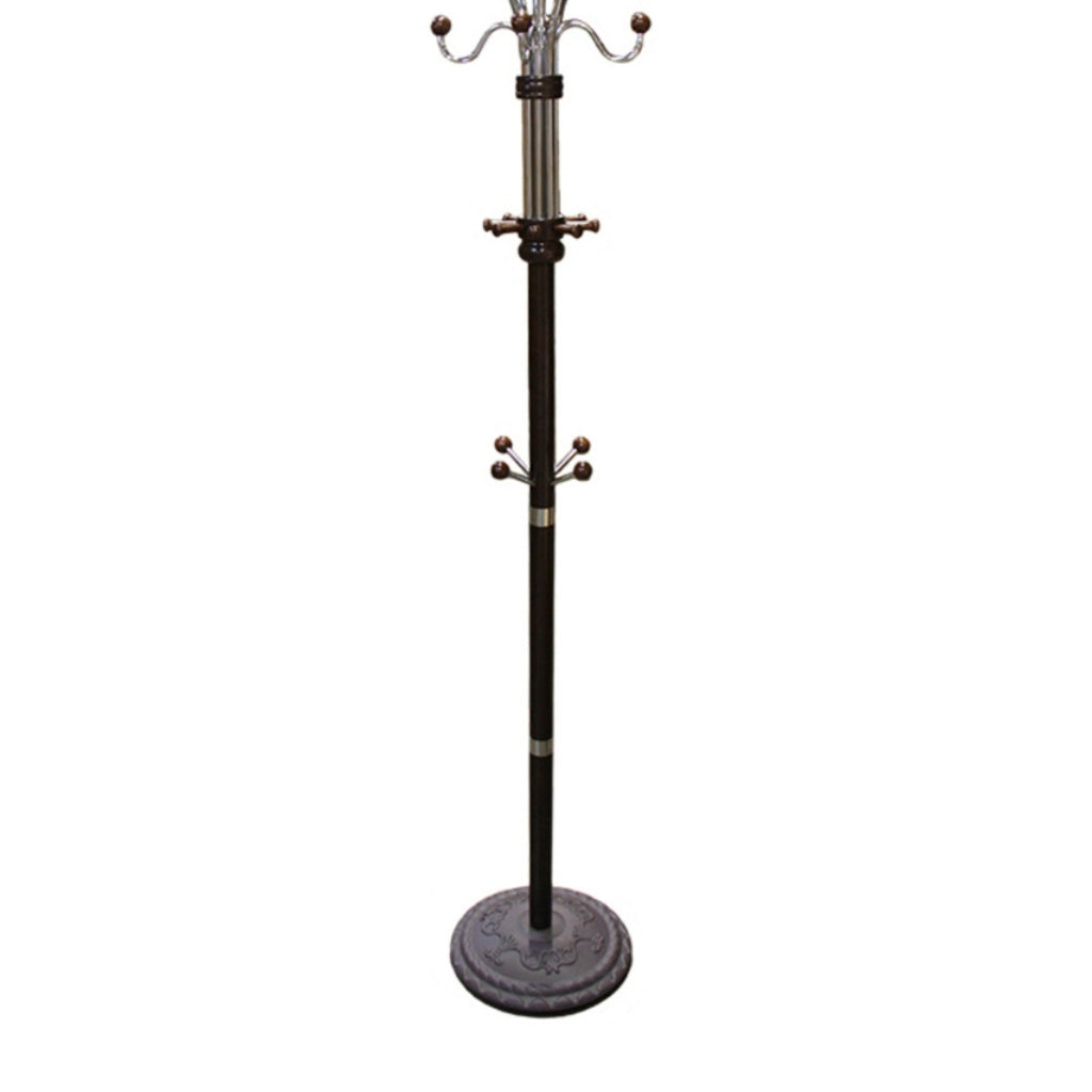 73" Tall Chrome and Wood Coat Rack, Espresso finish