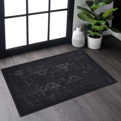 MAVAL Black Washable Rug 2' x 3' Doormat Rug (Black+Gray, 2' x 3') Modern, Contemporary, Non-Shedding & Easy to Clean, Ideal for Living Room, Bedroom, Dining Space, 36*24 inch