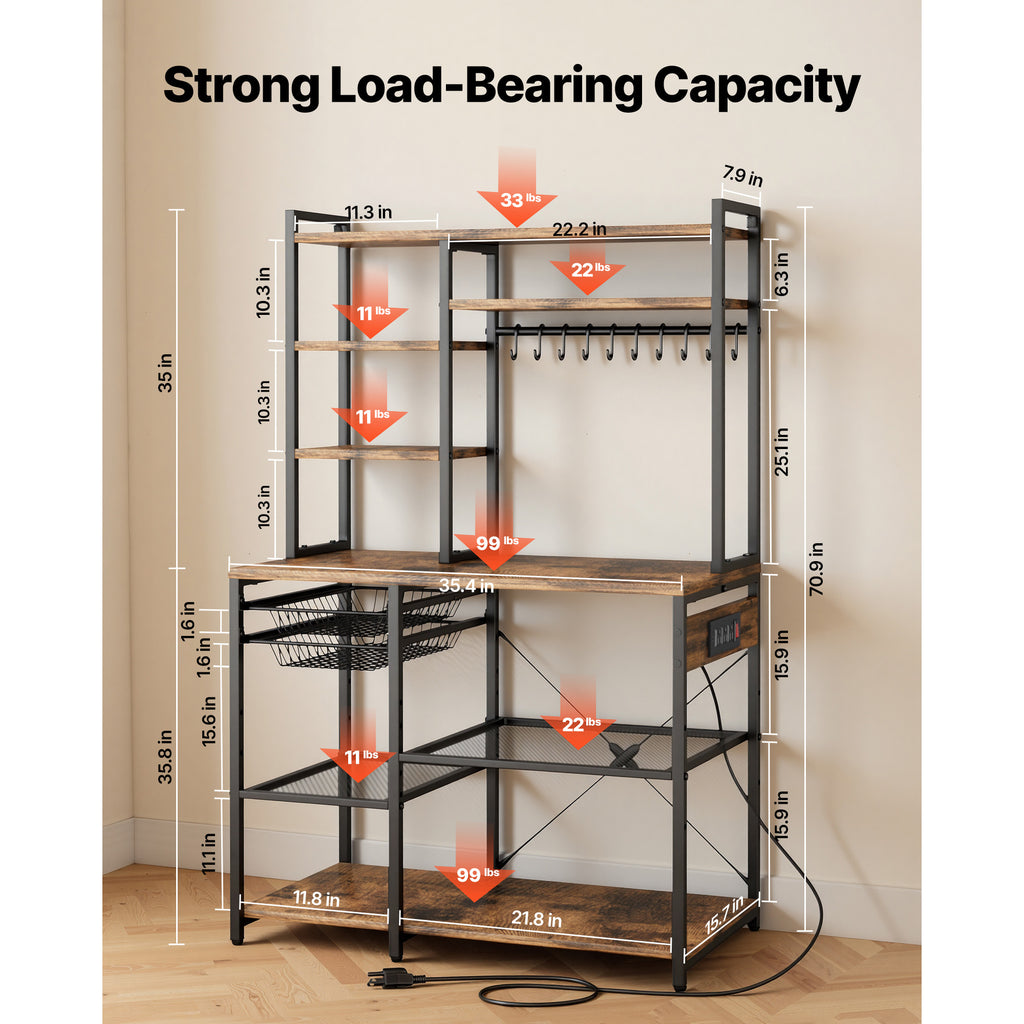 Kitchen Bakers Rack, 5 ft Power Cable Bakers Rack with Power Outlet, Kitchen Stand with X-Shaped Support Bar, 10 S-Shaped Hooks, Coffee Bar Stand for Dishes, Spice Bottles, Built-In Power Strip