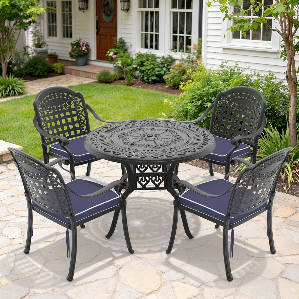 Ø39.37-inch Cast Aluminum Patio Dining Table With Black Frame and Umbrella Hole (same sku: W171084477)