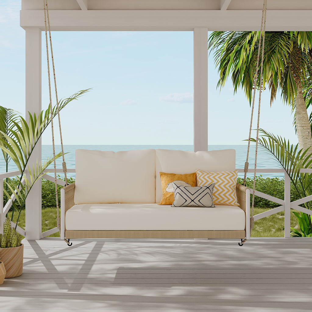 TREXM 1-Piece Woven Rope Outdoor Swing Sofa with Soft Cushions Seating 2 for Patio, Courtyard and Balcony (Beige)