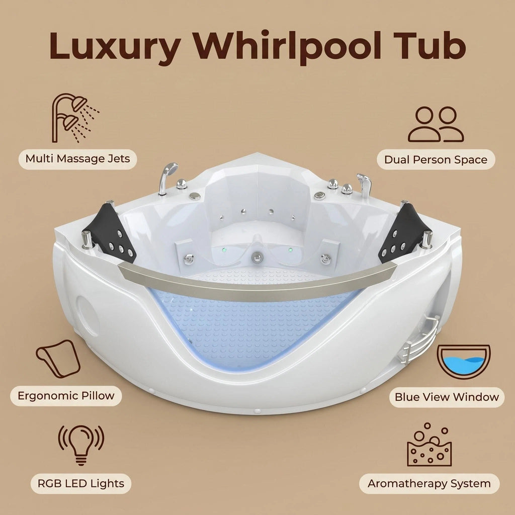 59" light luxury double corner whirlpool bathtub, 20 sets of multi-directional massage nozzles, chromotherapy healing atmosphere, brand-level certified accessories