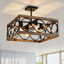 Load image into Gallery viewer, 4-Light Square Kitchen Island Lights Ceiling Light Farmhouse Dining Room Light Fixture, Wood and Black Metal Rectangular Ceiling Light, Ceiling Lighting for Living Room,Conference Room, Home Office