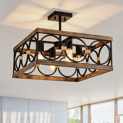 4-Light Square Kitchen Island Lights Ceiling Light Farmhouse Dining Room Light Fixture, Wood and Black Metal Rectangular Ceiling Light, Ceiling Lighting for Living Room,Conference Room, Home Office