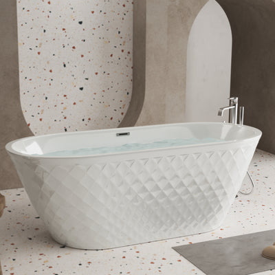 59'' acrylic freestanding bathtub with unique diamond pattern design: spacious oval shape,  Gloss white finish, Chrome overflow and pop-up drain CUPC Certificate