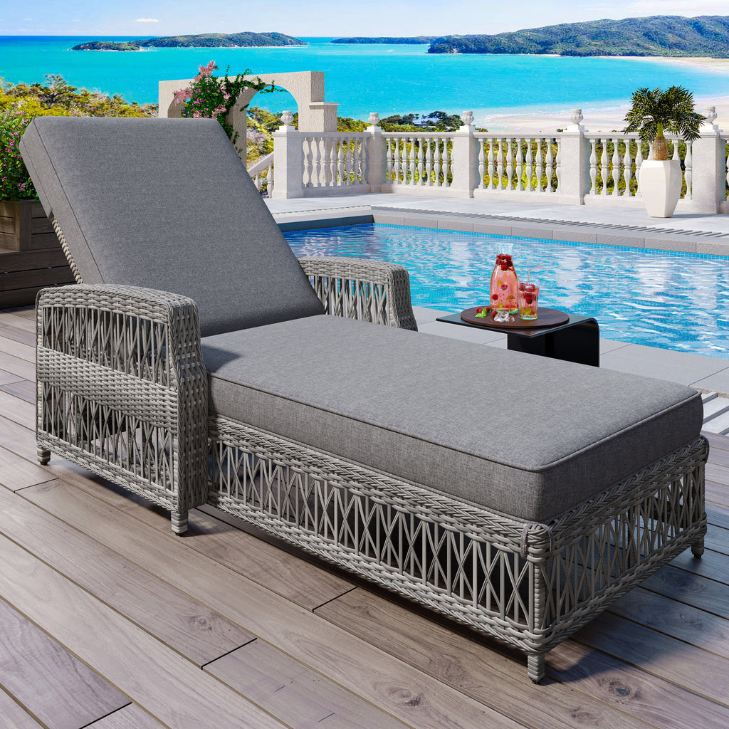 GO Outdoor Long Reclining Chaise, Wicker Lounge with Armrests, Patio Adjustable Recliner with Soft Removable Cushions, All Weather Rattan Pool Lounge for Poolside & Garden, Beige