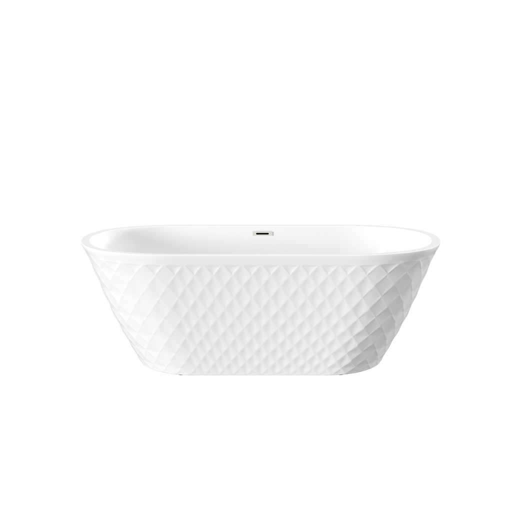 59'' acrylic freestanding bathtub with unique diamond pattern design: spacious oval shape,  Gloss white finish, Chrome overflow and pop-up drain CUPC Certificate