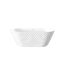 Load image into Gallery viewer, 59'' acrylic freestanding bathtub with unique diamond pattern design: spacious oval shape,  Gloss white finish, Chrome overflow and pop-up drain CUPC Certificate
