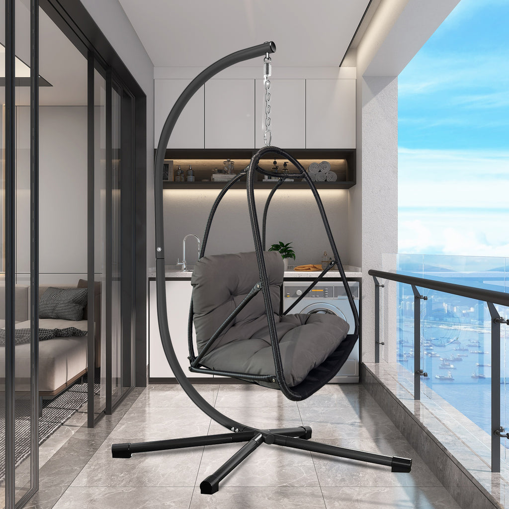 Swing Egg Chair with Stand Indoor Outdoor Wicker Rattan Patio Basket Hanging Chair with C Type bracket , with cushion and pillow,Patio Wicker folding Hanging Chair( Special construction cup holder