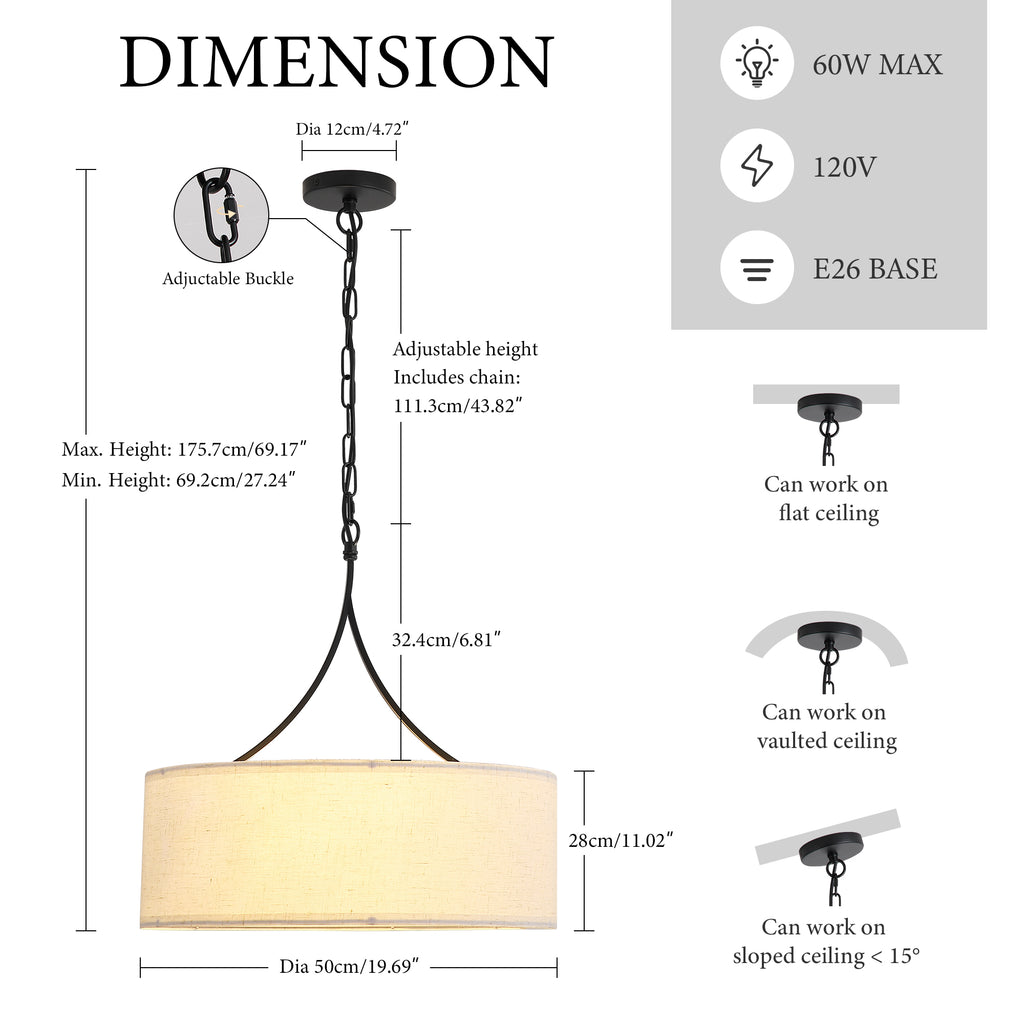 Modern 3-Light Fabric Pendant Light, Black Adjustable Drum Chandelier, Matte Black Fabric Shade Ceiling Light Fixture for Dining Room Living Room Bedroom