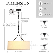 Load image into Gallery viewer, Modern 3-Light Fabric Pendant Light, Black Adjustable Drum Chandelier, Matte Black Fabric Shade Ceiling Light Fixture for Dining Room Living Room Bedroom