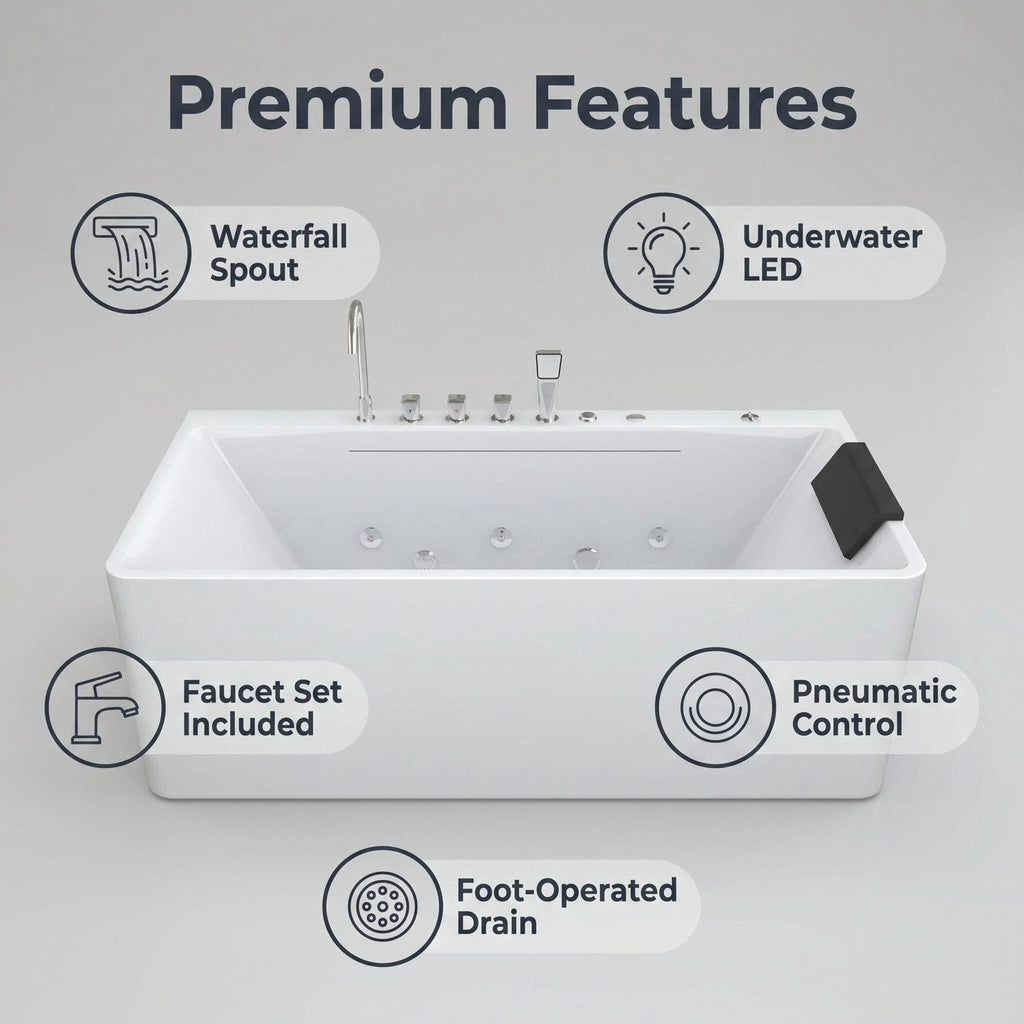 67-inch single-person luxury whirlpool bathtub, equipped with multiple sets of massage nozzles, featuring a dazzling light therapy atmosphere, and certified with precision craftsmanship accessories