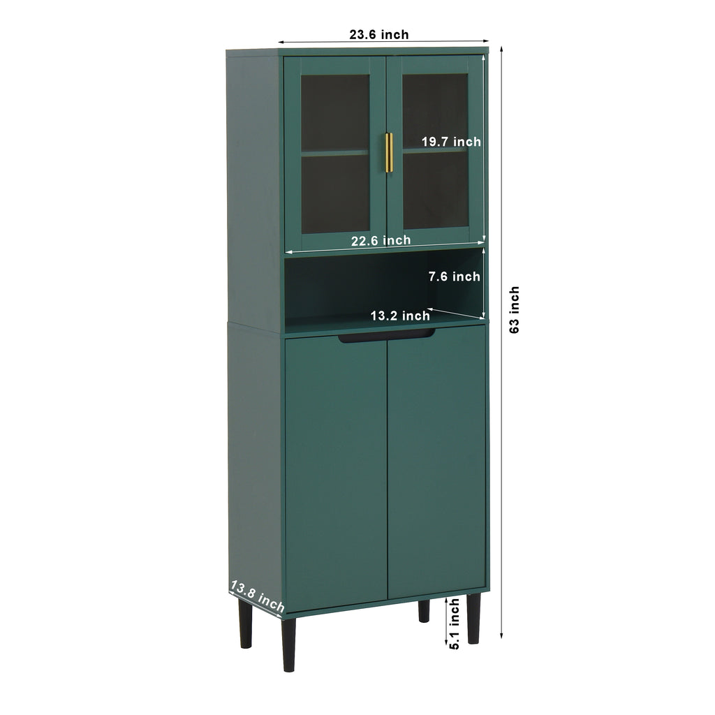 Tempered Glass Door Tall Storage Bookcase with adjustable board, 4 doors MDF painting finished cabinet, Green, Living room Bedroom storage