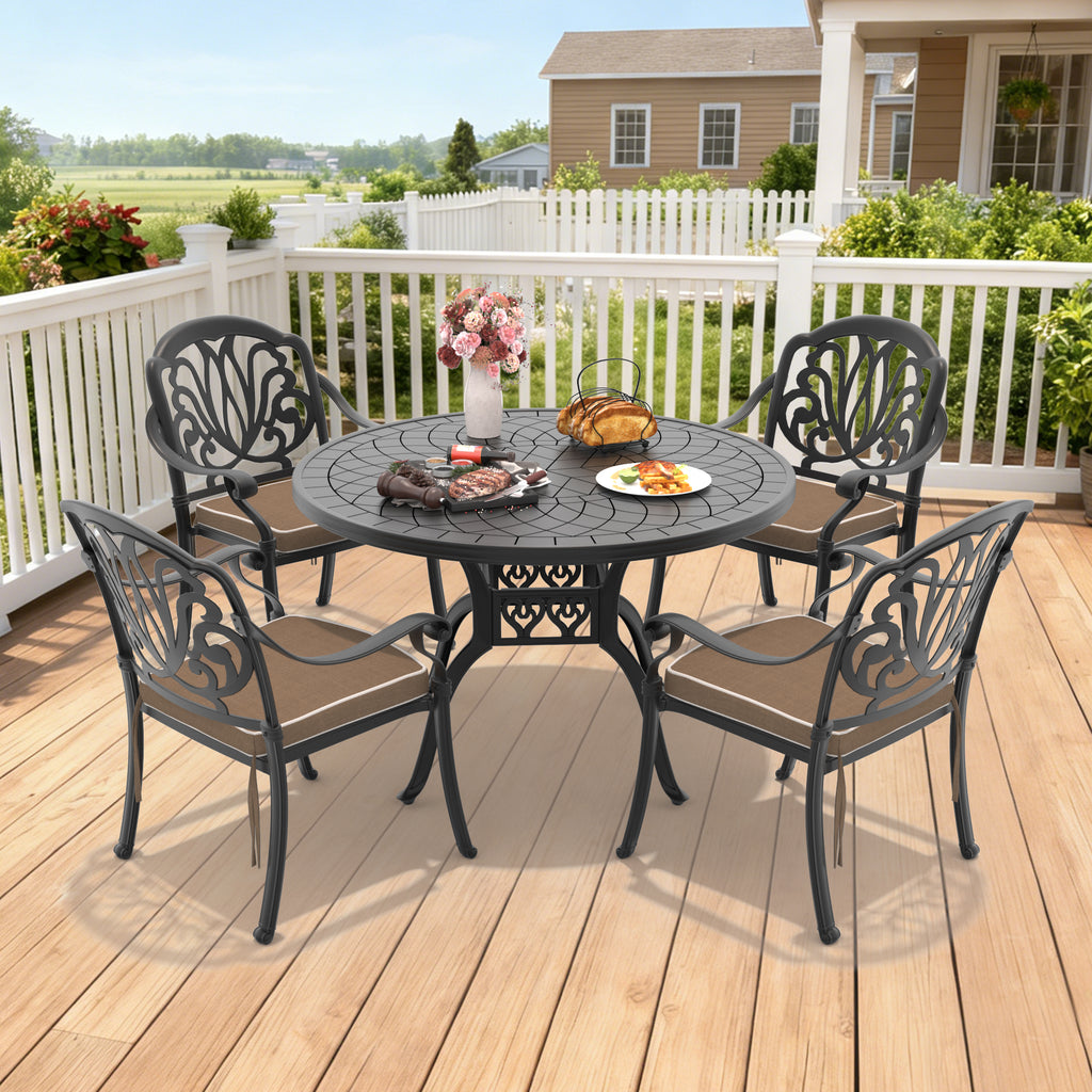 Ø47.24-inch Cast Aluminum Patio Dining Table With Black Frame and Carved Texture on the Tabletop (same sku: W171084479)