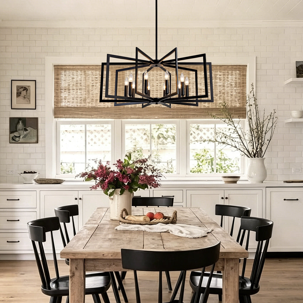 10-Light Metal Lantern Tiered Pendant Hanging Light Fixtures, Industrial Farmhouse Adjustable Height Chandeliers for Dining Room Hallway Foyer Entryway--Matte Black (E26 Bulbs Not Included)