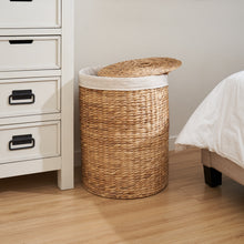 Load image into Gallery viewer, Ludmilla Round Tall Water Hyacinth Woven Wicker Laundry Hamper with Lid - For Clothes, Canvas, Toys and Book Storage with Removable Liner - 15" x 15" x 20" - Natural Brown