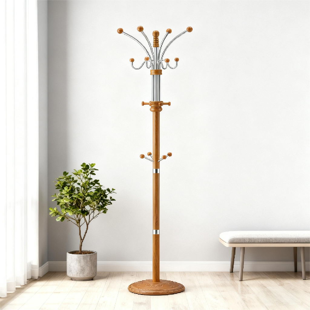 73" Tall Chrome and Wood Coat Rack, Espresso finish