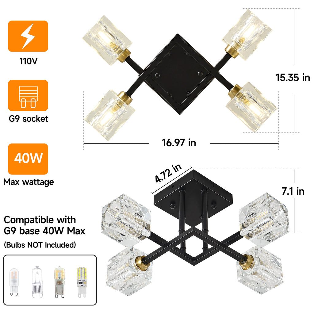 Modern Luxurious Crystal Ceiling Light, 4 Lights (BO INCLUDED Bulb) Modern Crystal Ceiling Light for Dining Room, Pendant Lamp Ceiling Lighting for Living Bedroom Hall Balcony --Matte Black