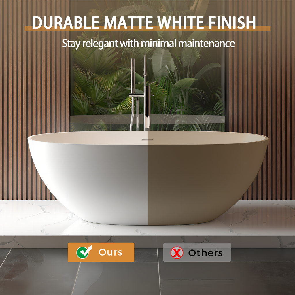 65" Freestanding Solid Surface Bathtub, Luxury Handcrafted Stone Resin Freestanding Soaking Bathtub with Overflow and Pop-up Drain, Matte White 24S06-65MW