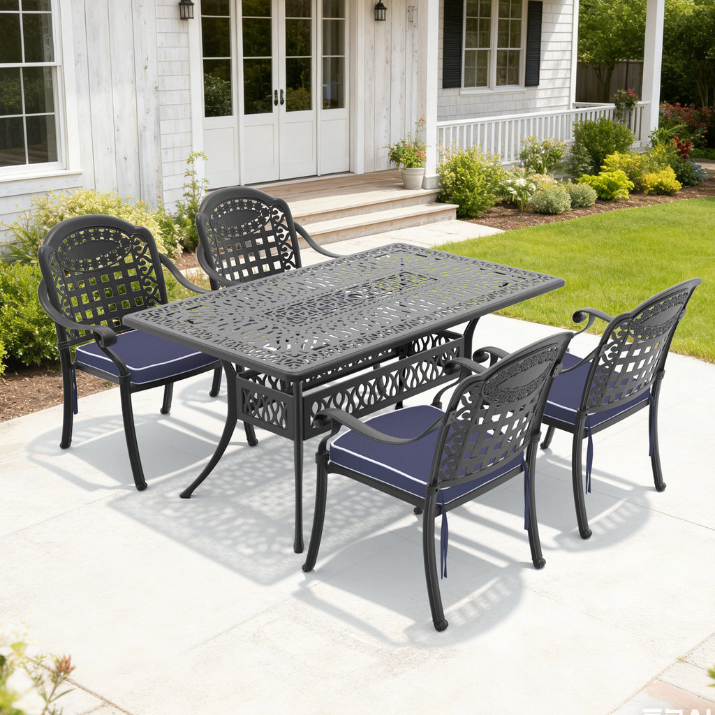 L58.27*W34.65-inch Cast Aluminum Patio Dining Table With Black Frame and Umbrella Hole (same sku: W171084481)