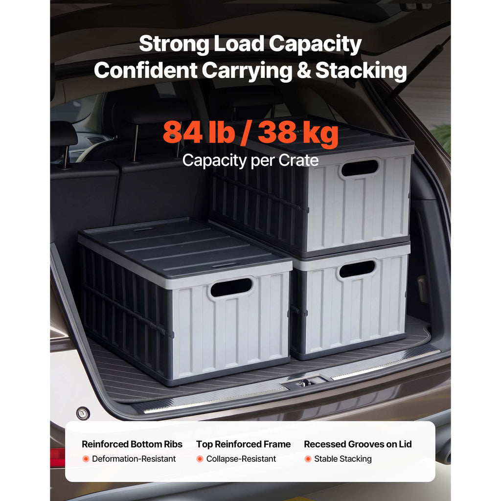 Plastic Collapsible Storage Bins with Lids, 65L 3 Packs, Stackable Folding Storage Crates with Handles, Holds 84 lbs Per Bin, Heavy Duty Containers, Space-Saving Baskets, for Home Organizing
