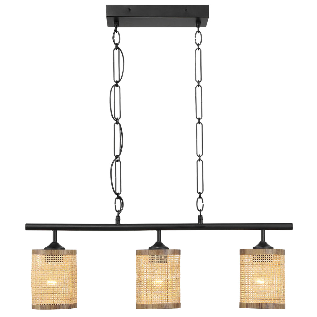 Elysian Three Lights Island With Natural Rattan Shade Farmhouse Chain Ceiling Lamp