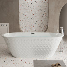 Load image into Gallery viewer, 59'' acrylic freestanding bathtub with unique diamond pattern design: spacious oval shape,  Gloss white finish, Chrome overflow and pop-up drain CUPC Certificate