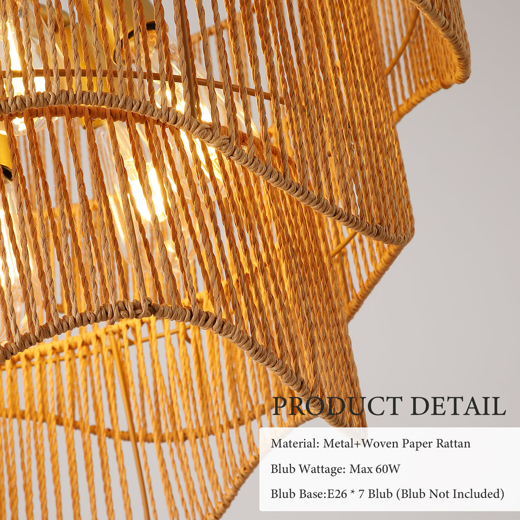 Handwoven Paper Rattan Boho Chandelier with 7-Light E26 Base, 60cm Adjustable Height Wave Pendant Light for Living Room, Sloped Ceiling Compatible, Sturdy Metal Hardware, Warm Glow for Dining Room