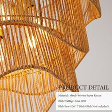 Load image into Gallery viewer, Handwoven Paper Rattan Boho Chandelier with 7-Light E26 Base, 60cm Adjustable Height Wave Pendant Light for Living Room, Sloped Ceiling Compatible, Sturdy Metal Hardware, Warm Glow for Dining Room