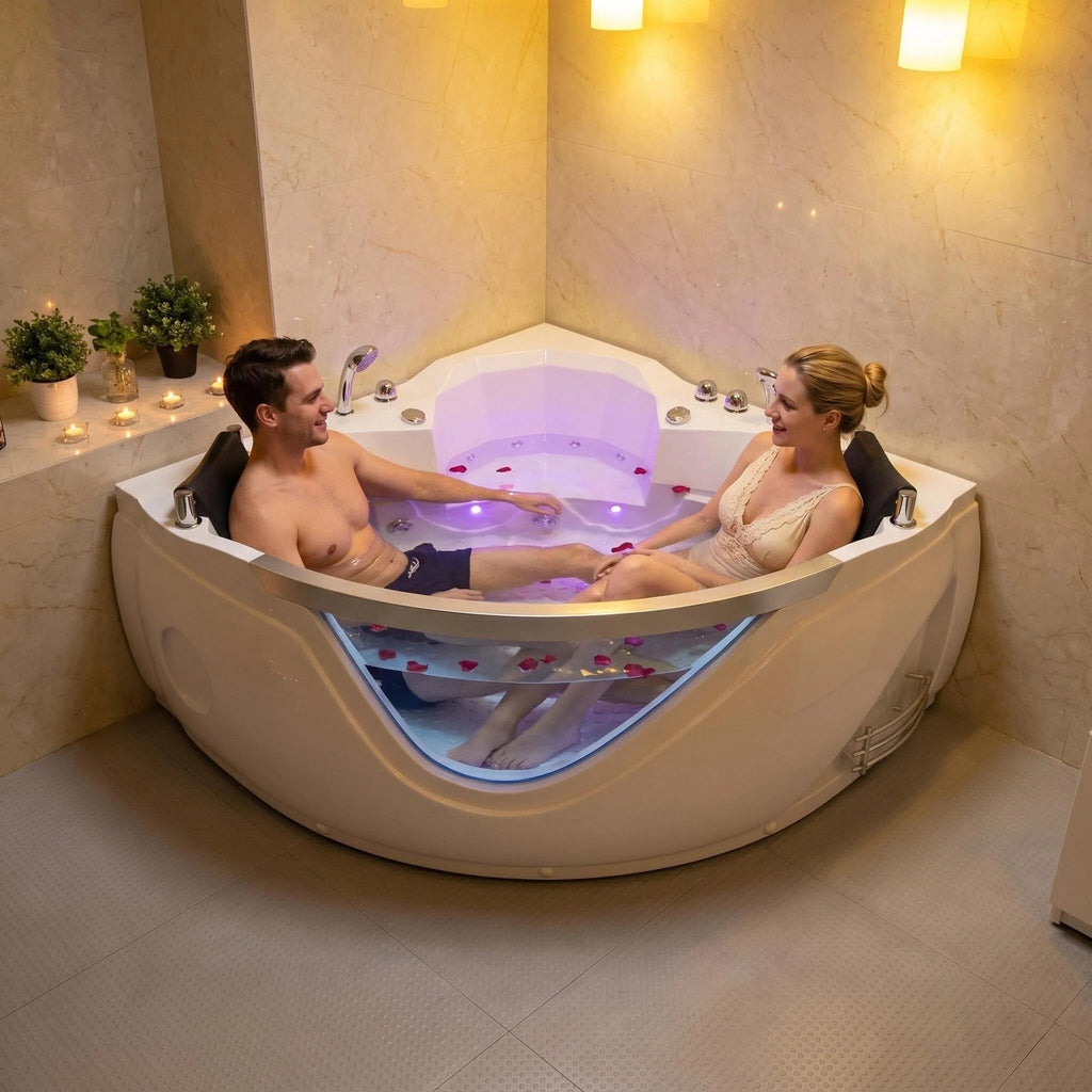 59" light luxury double corner whirlpool bathtub, 20 sets of multi-directional massage nozzles, chromotherapy healing atmosphere, brand-level certified accessories