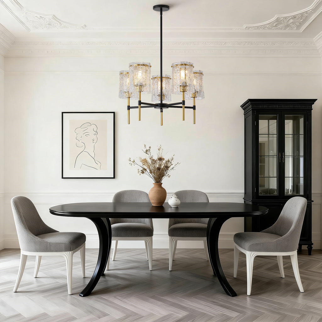 Modern 5-Light Black and Gold Chandelier, Textured Glass Pendant Light with Electroplated Gold Finish for Living Room Dining Room Not Including the Bulb