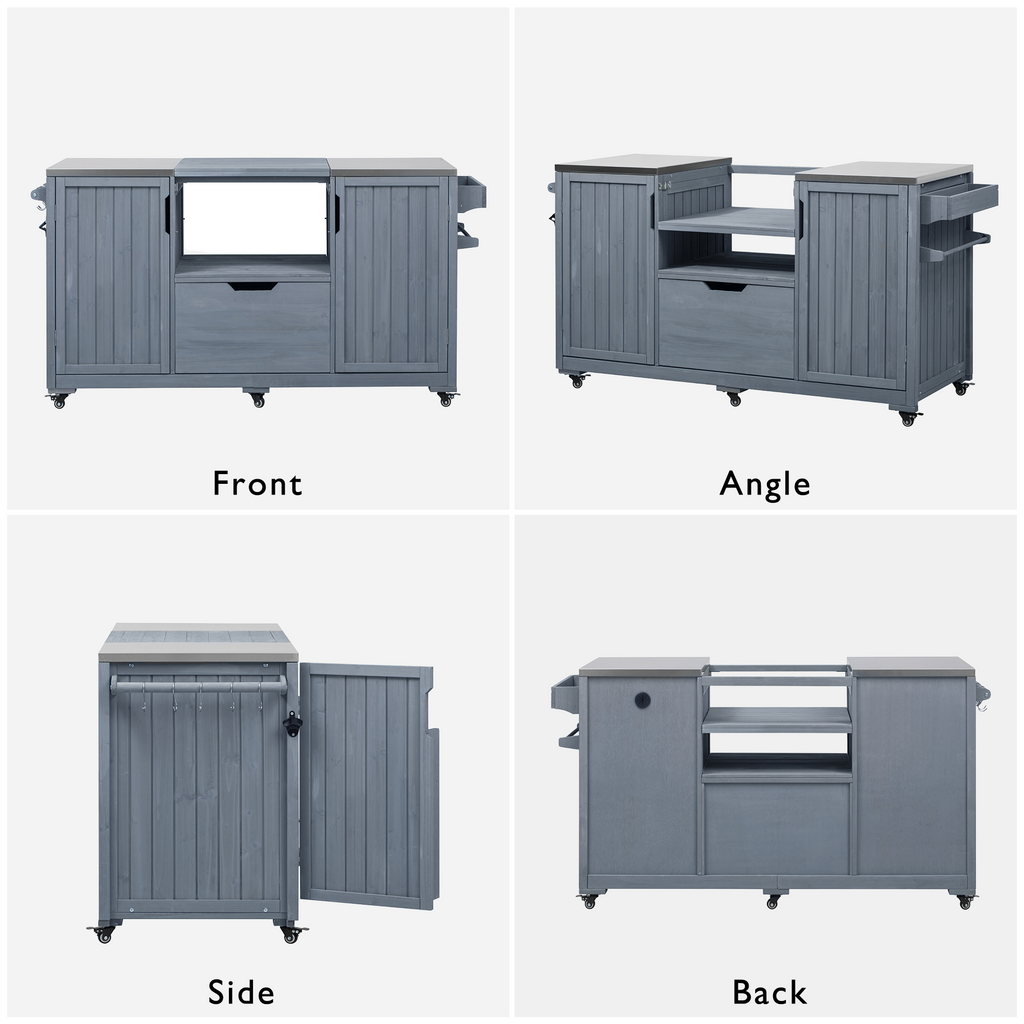 K&K 66.5" Outdoor Kitchen Island for Big Green Egg Grills, Solid Wood Outdoor Grill Cart for Tabletop Grill with Stainless Steel Top, Drawer, Compatible with Large Big Green Egg, Kamado Joe- Grey Blue