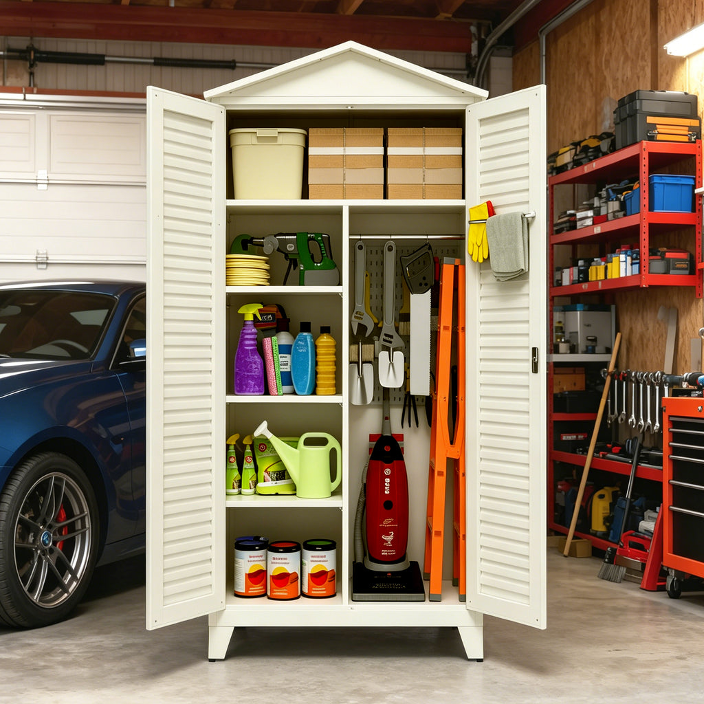 Spire79.1'' Tall Metal Tool Storage Cabinet, with Ample Storage Space for Garage,Warehouse,Garden,Office, Living Room,Bathroom,Utility Room ( Beige )