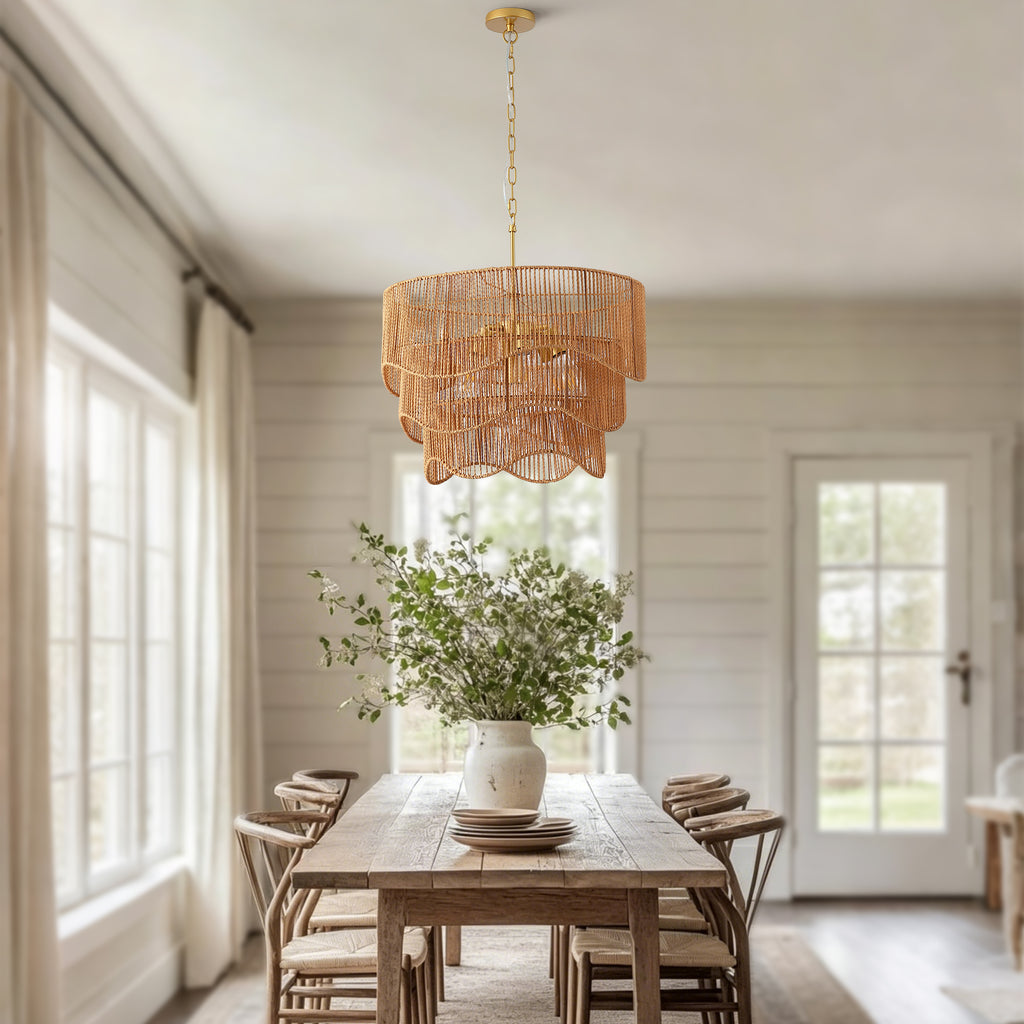 Handwoven Paper Rattan Boho Chandelier with 7-Light E26 Base, 60cm Adjustable Height Wave Pendant Light for Living Room, Sloped Ceiling Compatible, Sturdy Metal Hardware, Warm Glow for Dining Room