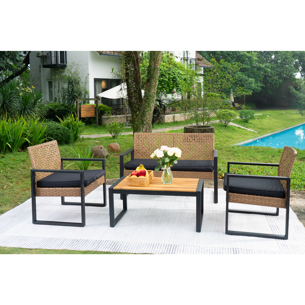 4-Piece Patio Furniture Set Outdoor Balcony Porch Garden Backyard Lawn Furniture Acacia Wood Table Top, Morden Black and Light Brown
