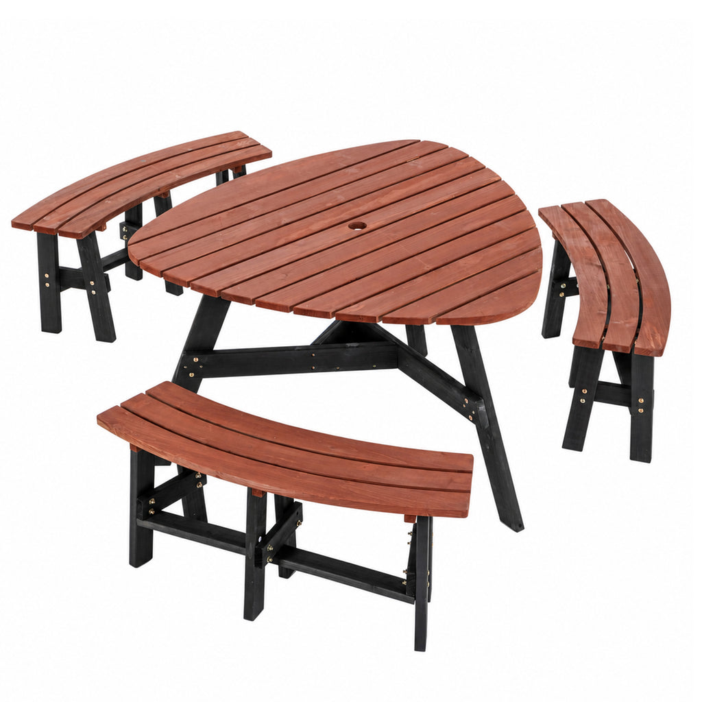8 Person Brown Wooden Picnic Table, Outdoor Camping Dining Table with 2 Seats, Garden, DIY with 2 Built-in Benches, 2220lb Capacity