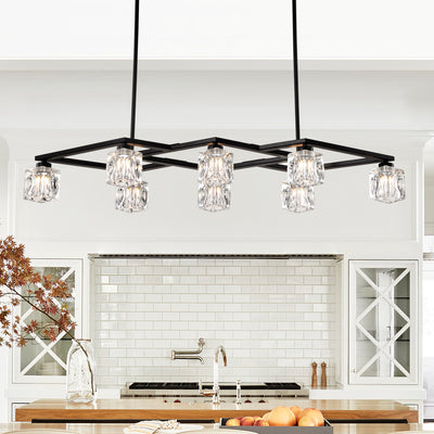 Matte Black Crystal  Chandelier for Dining Room, 8-Light Kitchen Chandelier Light Fixture Modern Metal Industrial  Chandeliers for Farmhouse Entryway Living Room (8*G9 Bulbs Included)