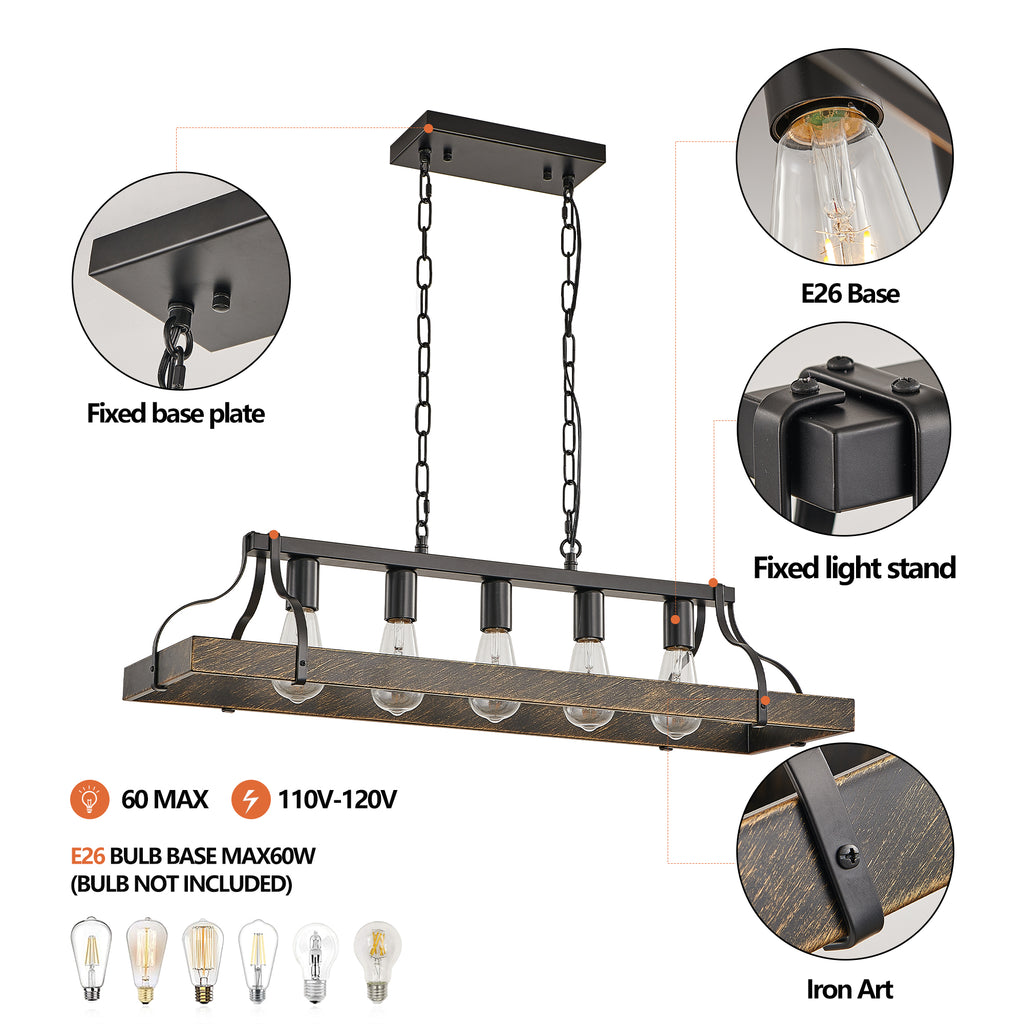 34-Inch Black Gold Vintage Pendant Light, 5 E26 Bulb Sockets, Adjustable Chain Height – Antique Style Chandelier for Dining Room, Kitchen, or Living Room (Bulb Not Included)